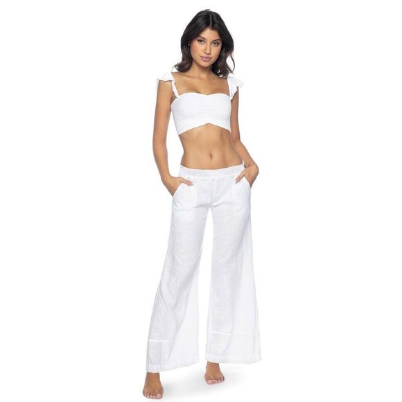 PQ Pants - PQ Savannah Smocked Pants Water Lily White Linen Smocked Resort